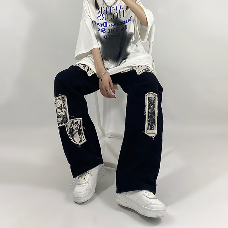 Streetwear Cartoon Patchwoek Jeans Women's Spring Autumn High Waist Black Wide Leg Denim Pants Female Tide 210427