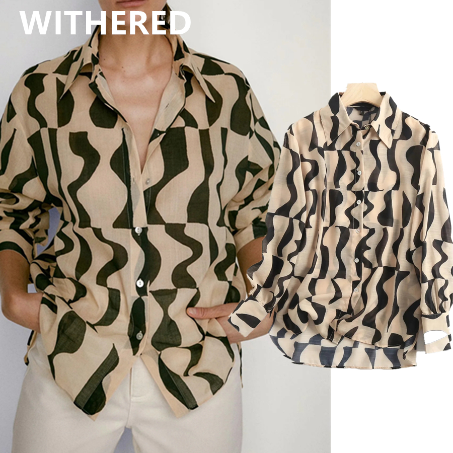 Withered blouse women england style office lady Geometric pattern printing elegant linen blusas mujer de moda 2021 loose shirt, Picture color