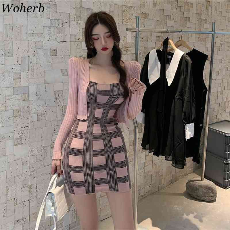 Summer Knitted Two Piece Set Women Solid Cardigan Crop Top + Plaid Spaghetti Strap Bodycon Sweater Dress 2 Suits 210519