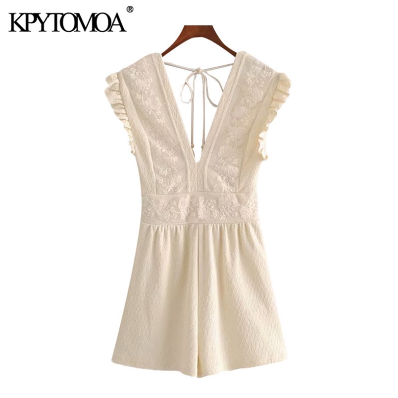Women Chic Fashion Lace Patchwork Playsuits V Neck Sleeveless Backless Tied Female Short Jumpsuits Mujer 210420