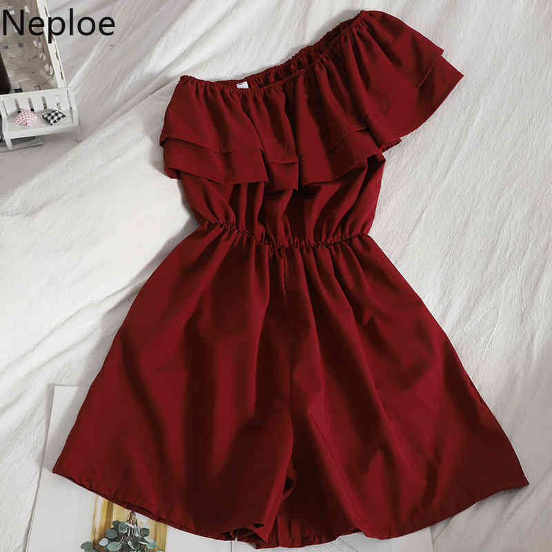 Neploe Jumpsuit Women Korean Off Shoulder High Waist Thin Ruffle Fashion Romper Summer All-match Wide-leg Shorts Bodysuit Female 210422