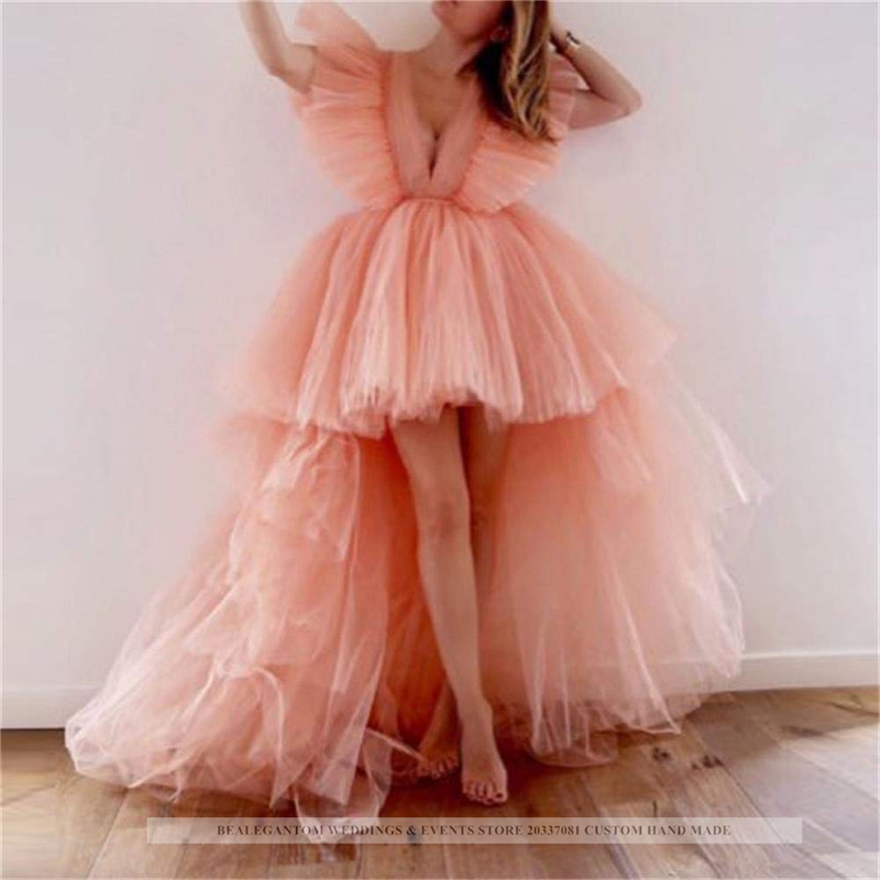 Sexy Deep V-Line Hi-Lo Tulle Formal Evening Dresses With Ruffles Prom Party Gowns BE02