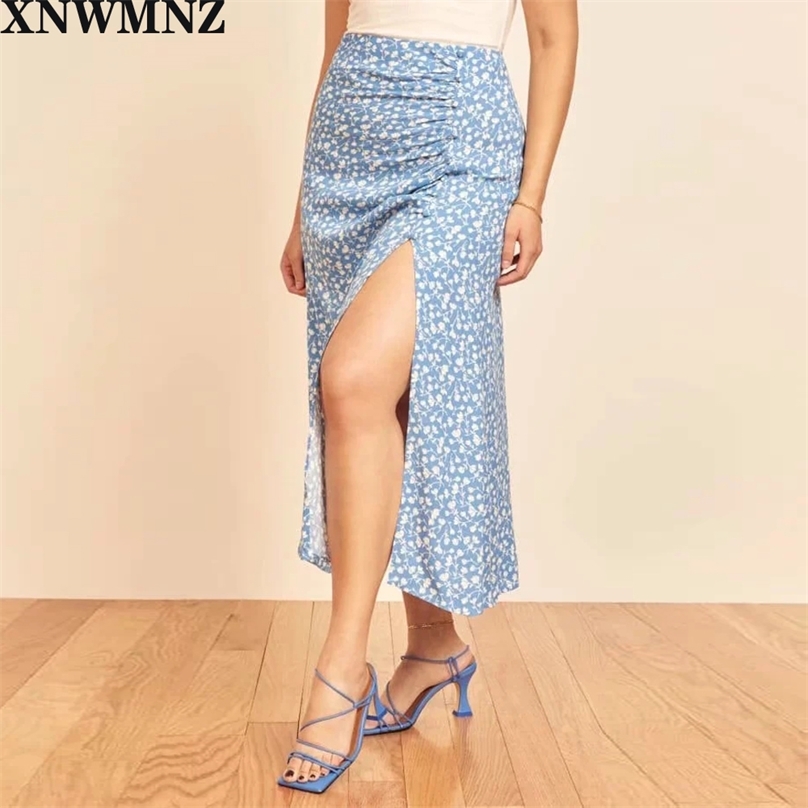 women blue Print Women A line Split Skirts France brand fashion Female long Button Slim 210520
women blue Print Women A line Split Skirts France brand fashion Female long Button Slim 210520