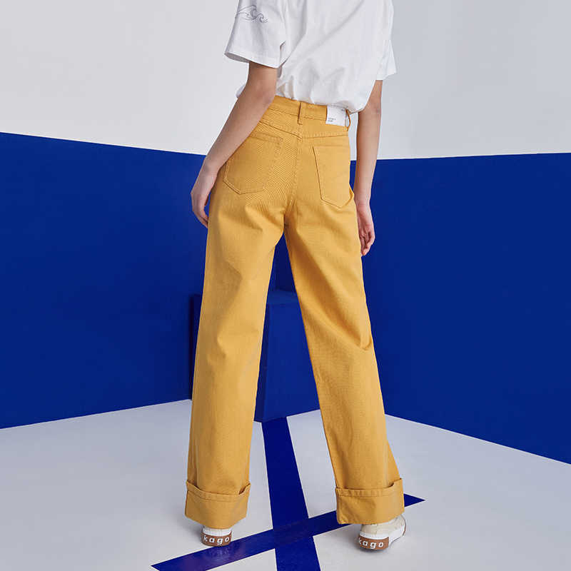 Toyouth Women Jeans Autumn High Waist Wide Leg Denim Trousers Solid Color Yellow Black Chic Pants 210922