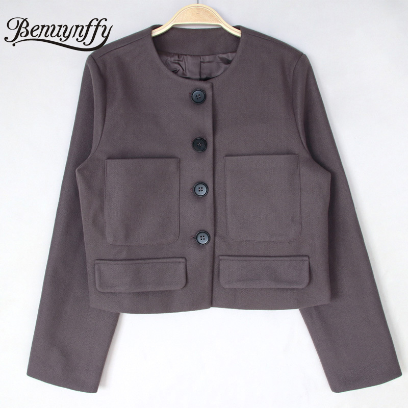 Crew Neck Pocket Front Short Jacket Coat Women Autumn Winter Vintage Long Sleeve Button Up Outwear Female 210510