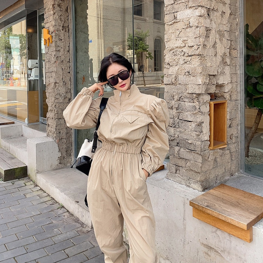Arrivals Korean Spring Elegant Vintage Casual Stand Collar Long Sleeve Jumpsuits Women High Waist Rompers 210519