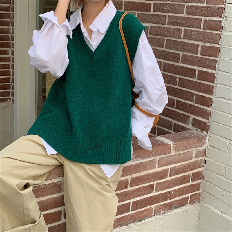 Spring Autumn Sleeveless OL Outwear Vest Sweater Women Tops Minimalist Elegant V-neck Loose Knitted Sweaters 210421
