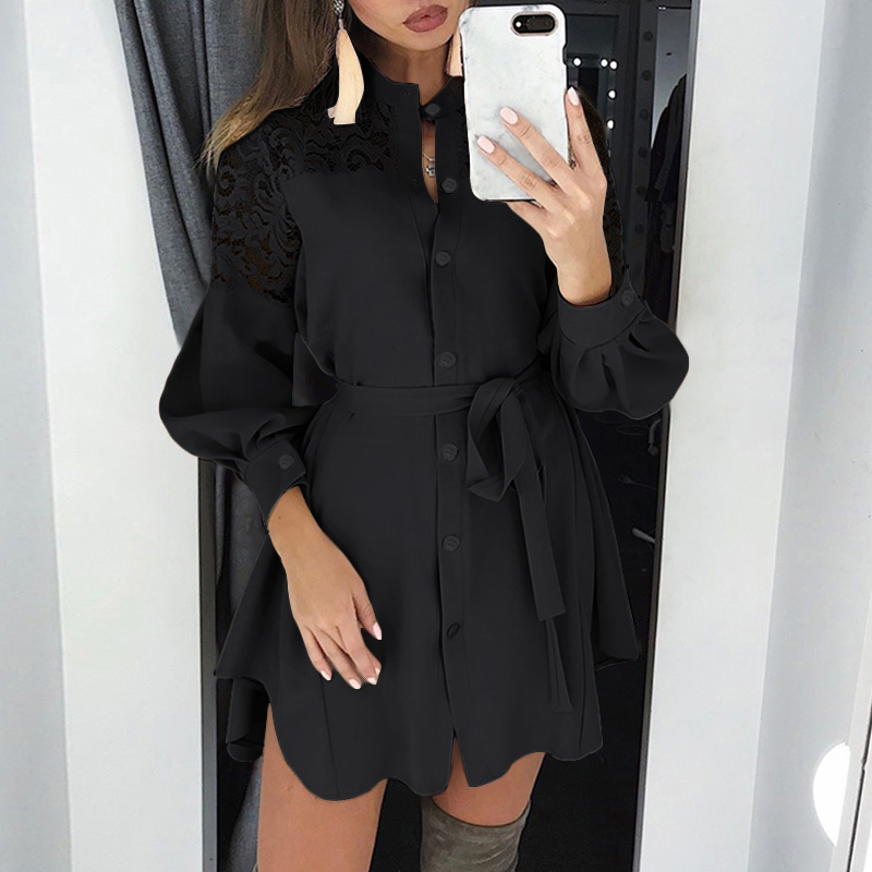 Plus Size Autumn Shirt Dress Women Solid Stand Neck Lace Patchwork Long Sleeve Belt Mini Dress Ladies Buttons Ruffle Party Dress 210409