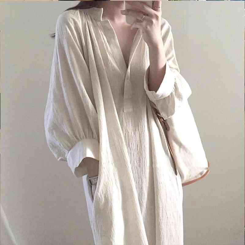 Korean Style Loose Solid Cotton Linen Lantern Sleeve Shirt Dresses Women Mid-Length V-neck Over-the-Knee White Dress 210615, Apricot
Korean Style Loose Solid Cotton Linen Lantern Sleeve Shirt Dresses Women Mid-Length V-neck Over-the-Knee White Dress 210615, Apricot