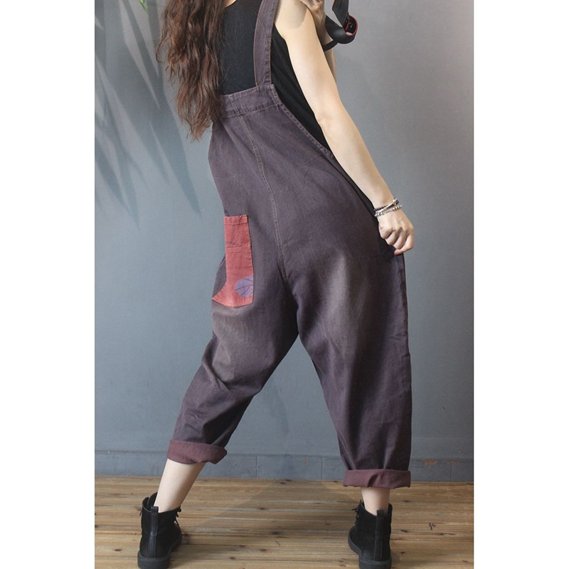 Spring Summer Arts Style Women Loose Casual Jumpsuits Cotton Denim Patchwork Print Vintage Jumpsuit high quality S875 210512