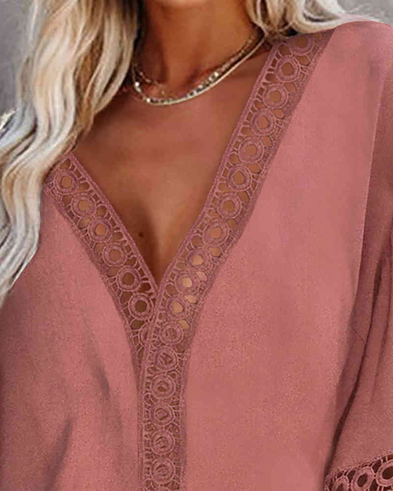 Spring Summer Women Solid Hollow-out Blouse New Femme Casual Plain Bell Sleeve V-Neck Top Ladies Mid Sleeve Clothing 210415