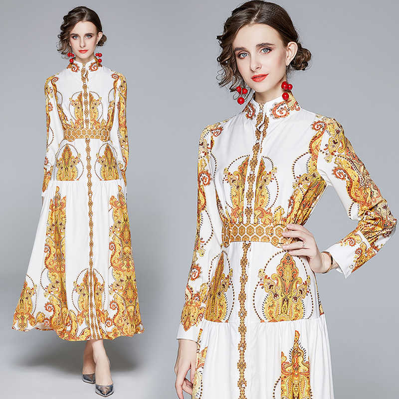 Spring Autumn Women Stand Neck Puff Sleeve Maxi Dress Fashion Elegant Slim Ladies Vintage Court Print Party Dresses Vestidos 210525