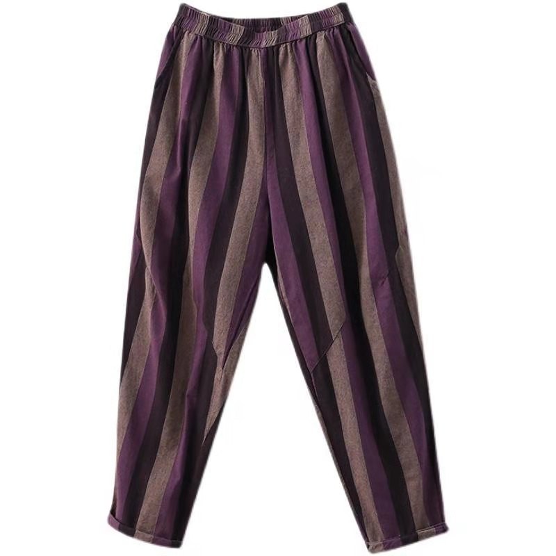 Spring Korean Style Women Loose Casual Elastic Waist Ankle-length Pants All-matched Striped Cotton Linen Harem W161 210512