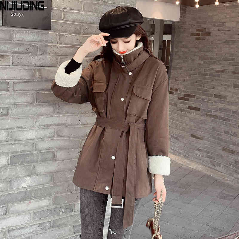 Winter Thickened Waist Thin Lamb Wool Mid-long Cotton Parkas Women Long Sleeve Stand Collar Slim Jacket 210514