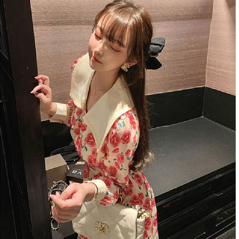 Elegant Floral Dress Women Long Sleeve Flower Vintage Dress Female Peter Pan Collar Slim Dress Korean Spring Chic 210521