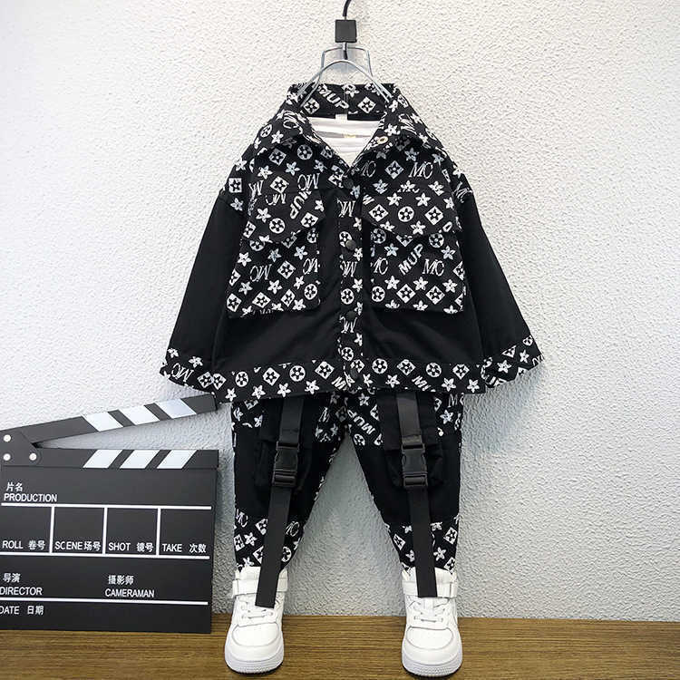 Kids Boy's Cool Shirt Coat Jacket Dungarees Pants Set Students Children's with Knee Pocket Two piece Outfits Sportswear