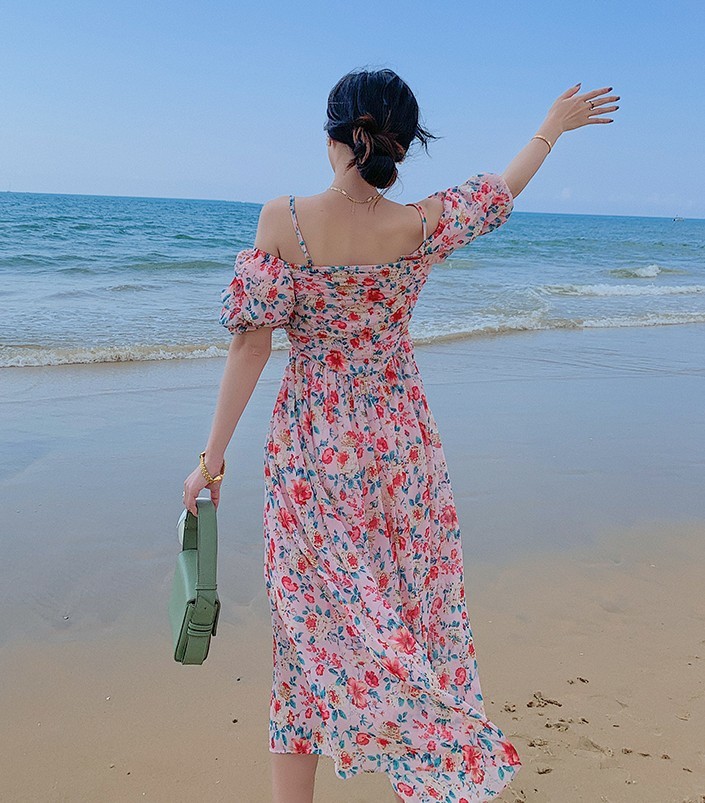 Summer Women Fashion Floral Print Spaghetti Strap Chiffon Dress Sexy Off Shoulder Beach Boho Long 210519