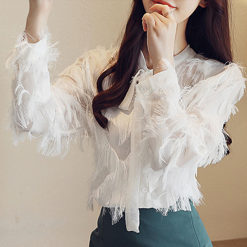 blusas mujer de moda Women Blouses Casual Pink and White Elegant ladies tops Long Sleeve Bow Women Clothing 5544 50 210417