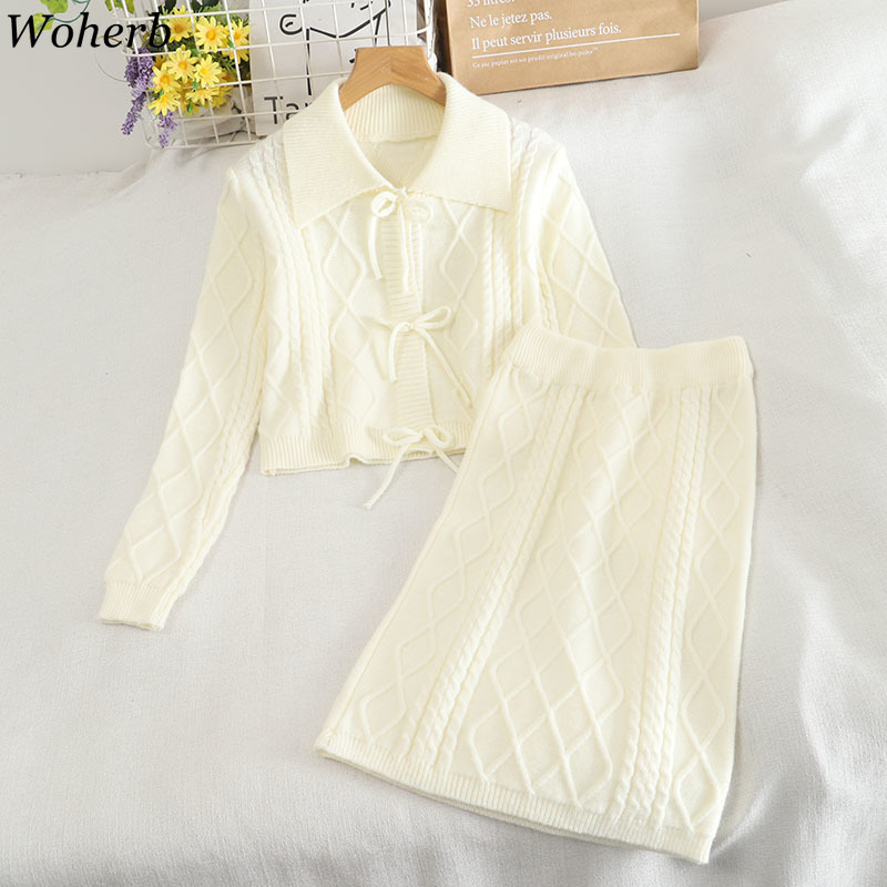 Vintage Korean Fashion Suit Two Piece Outfits for Women Knitted Sweater Coat Bodycon Skirt Femme Roupas 2 Set 4G277 210422