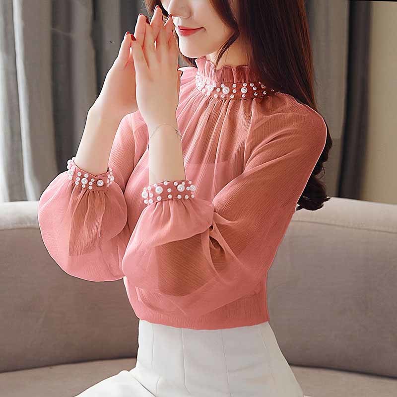 Spring Chiffon Blouse Lace Bottom Womens Tops and Blouses Female Clothes Beading Women Long Sleeve Shirts 1807 50 210518
