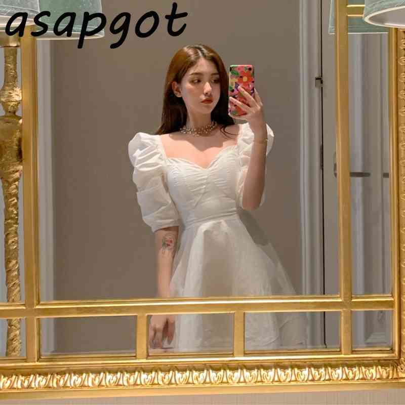 Retro Palace Style V Neck Puff Sleeve White Dress Women Loose Short Black Birthday Vestidos Mujer Party Fashion Simple 210429