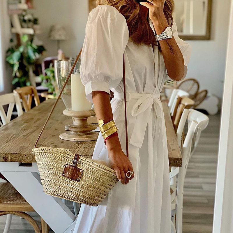 Women Dress Short Sleeve Single Breasted Shirt es Temperament Lace Up Large Hem Maxi es Long Summer 210524