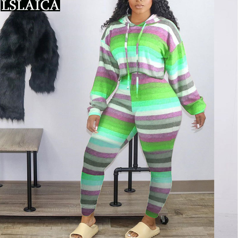 Fall Clothes for Women Two Piece Set Autumn Color Stripe Hooded Tops Long Pants Sets Casual Outfits Sportswear Sweat Suits 210520