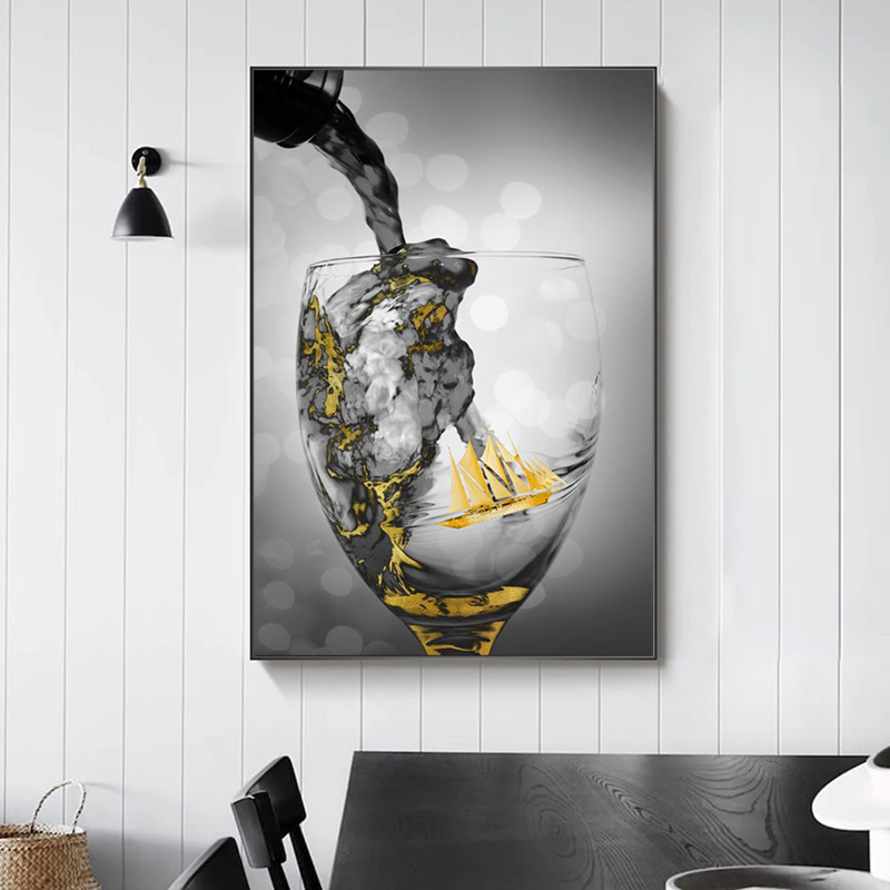 Wine Glass Cups Poster Golden Canvas Painting Abstract Boat Cuadros Wall Art Pictures For Living Room Modern Home Decor No Frame