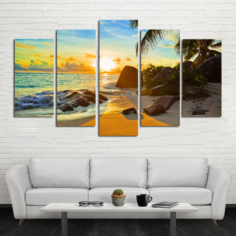 5 Panels Beach Landscape Posters And Prints Canvas Painting Sea Sunset Big Size Wall Art Pictures For Living Room Home Decor