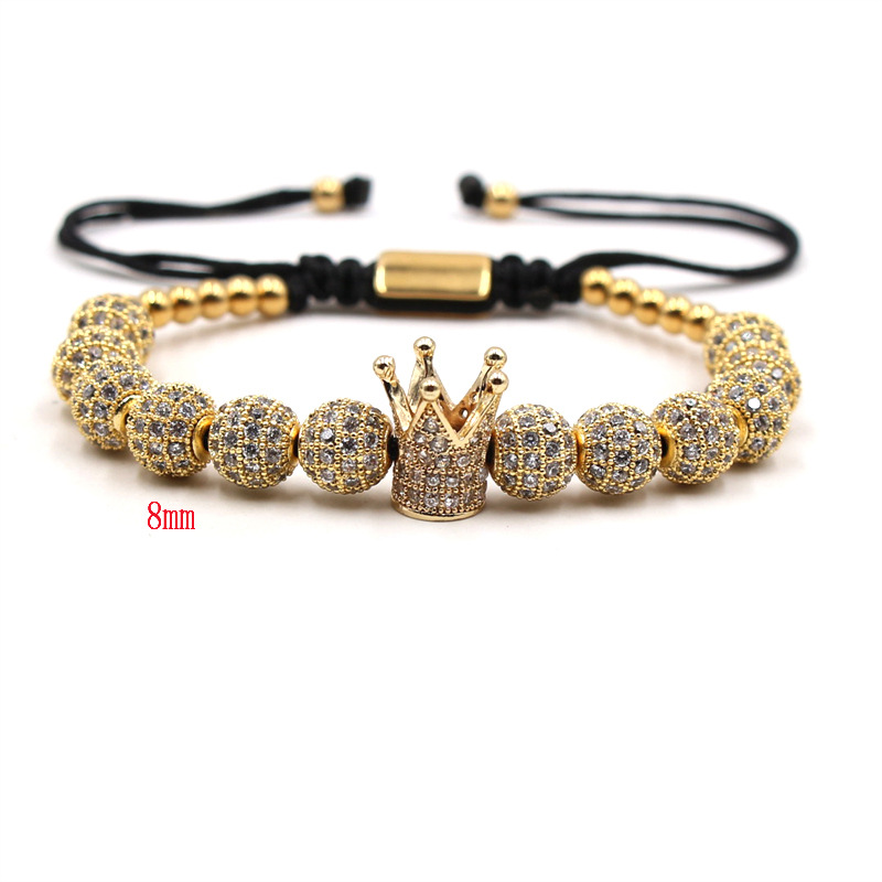 8MM Hand-Made Braided Crystal Beaded Crown Bracelet for Men Woman Adjustable Length Wristband Stainless Steel Jewelry1