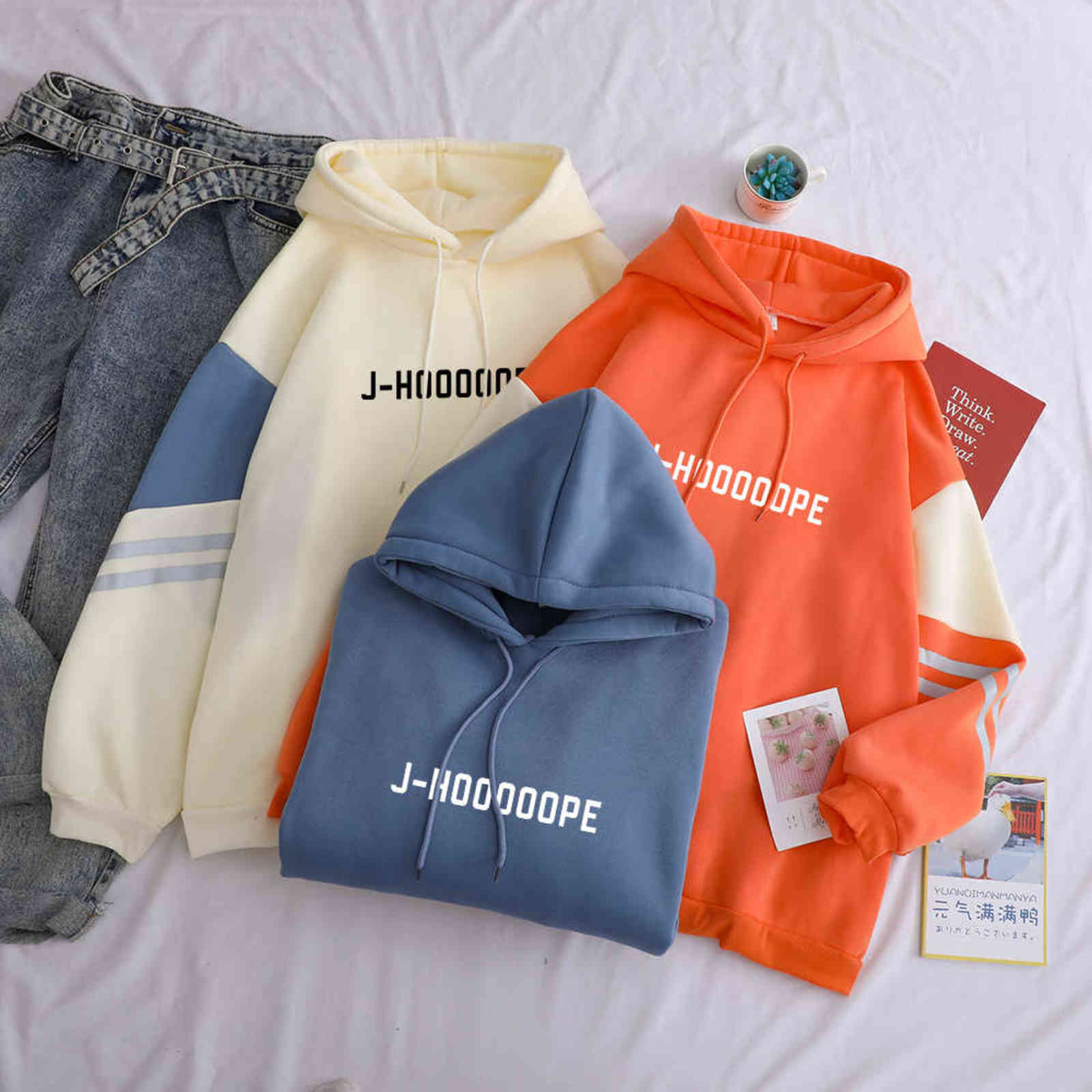 Bangtan Boy Kpop Hoodies Casual Letters J-HOOOOOPE Printed Women Winter Fleece Sweatshirt Hoody Hit Color Patchwork Pullover 211109