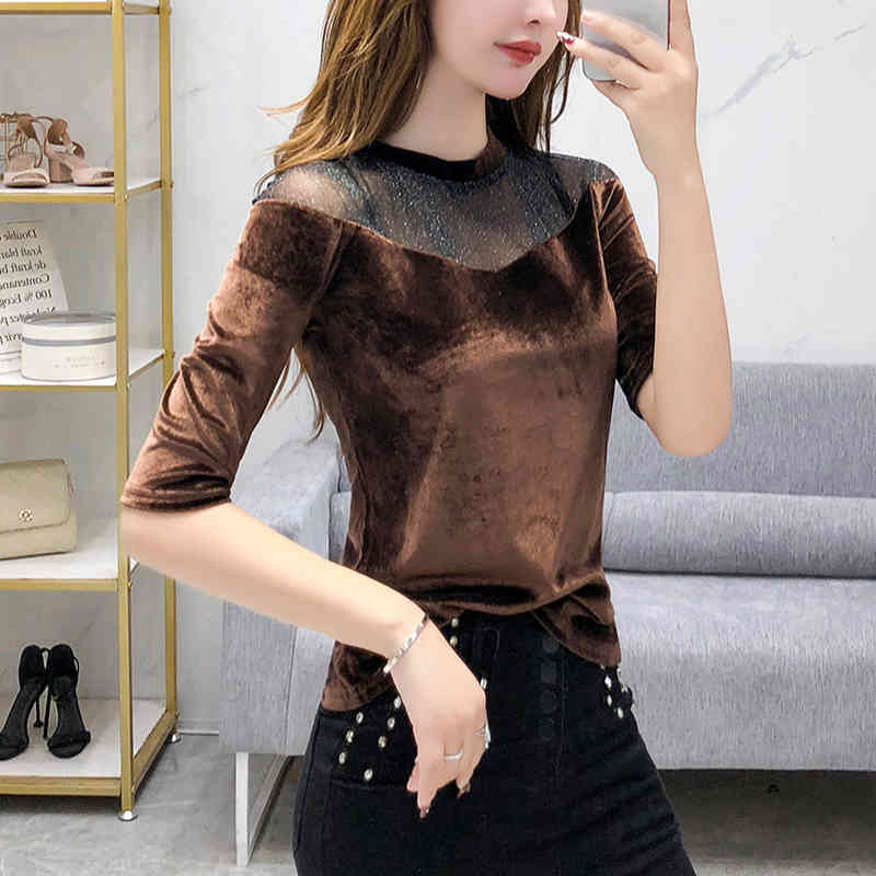 Fashion women Spring Mesh Hollow Solid Sexy Middle Sleeve Female O-Neck Bottom Women Shirt Tops and Blouses 210510