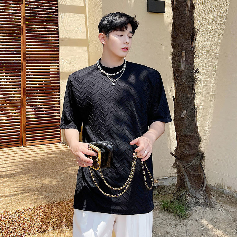 IEFB Summer T-shirts For Men Wrinkle Texture Short Sleeve T-shirt Men's Loose Black White Korean Trend Tee Tops 9Y7769 210524