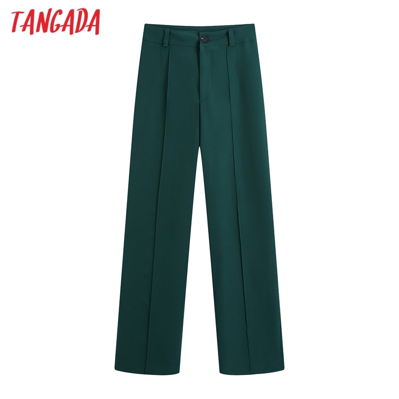 Women Fashion Office Wear Green Straight Pants Vintage High Waist Zipper Fly Female Trousers Mujer BE414 210416