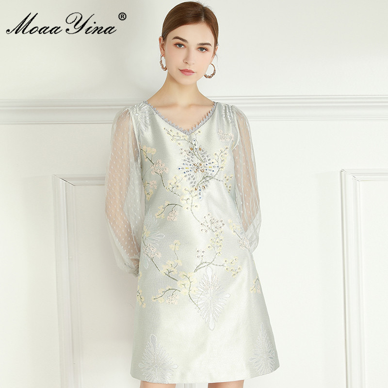 Fashion Designer Summer Short Jacquard Dress Women's V-neck Mesh Lantern Sleeve Beading Flower Print Vintage Mini 210524, Multi
Fashion Designer Summer Short Jacquard Dress Women's V-neck Mesh Lantern Sleeve Beading Flower Print Vintage Mini 210524, Multi