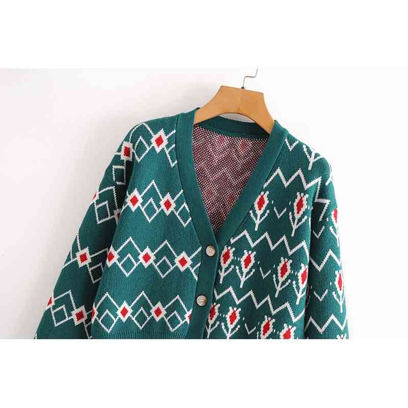 Fall Winter Women Vintage College Style Green Jacquard Loose V-neck Short Knit Cardigan Sweater Coat Top Sueter Mujer 210508