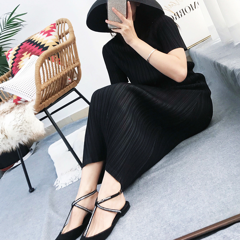 TIANPEI Miyake Pleated women dress summer temperament casual Korean basic Turtleneck short sleeve long aesthetic dress 5008 210406