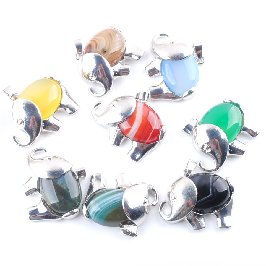 WOJIAER Cute Elephant Animal Pendants Natural Stripe Agates Gem Stone Energy For Child Jewelry Chakra DBN368