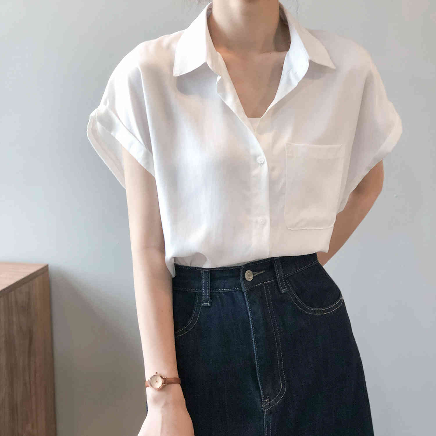 Summer Korean Casual Women Shirt Tops Short Sleeve Turn-down Collar Pocket Solid Loose Female Blusas Mujer 210514