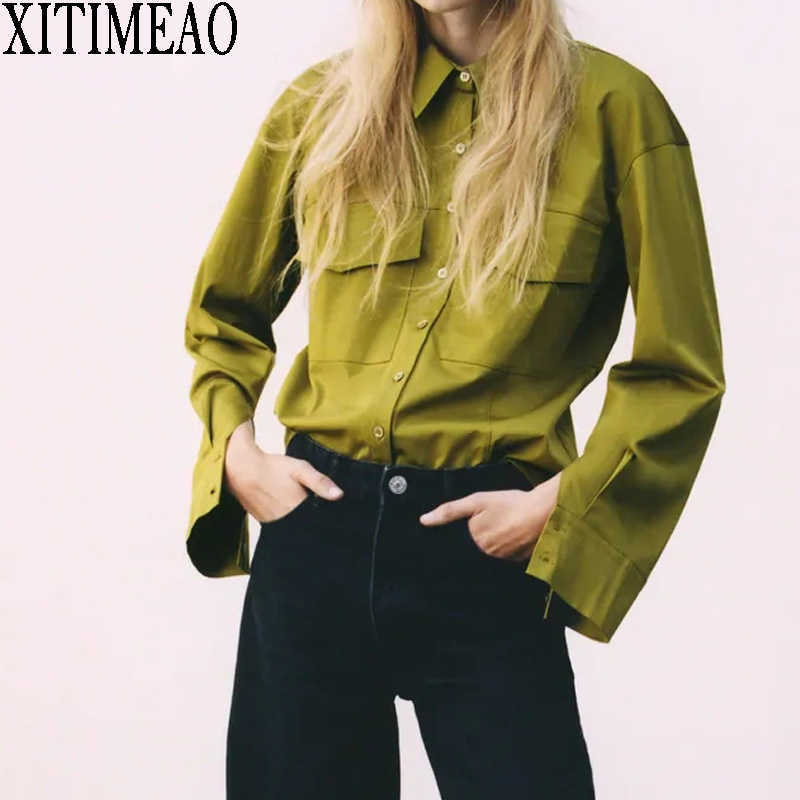 ZA Autumn Fashion Button Shirt Vintage Blouse Women Green Lady Long Sleeves Female Loose Pocket Decoration Street Shirts 210602
ZA Autumn Fashion Button Shirt Vintage Blouse Women Green Lady Long Sleeves Female Loose Pocket Decoration Street Shirts 210602