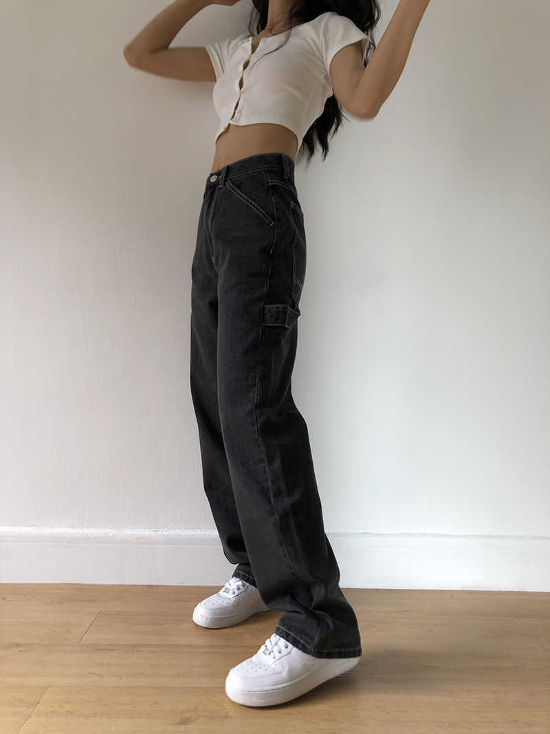 Baggy Jeans for Women Loose High Waist Boyfriend Mom jeans Big Pockets Black Straight Denim Pants Fashion 210616