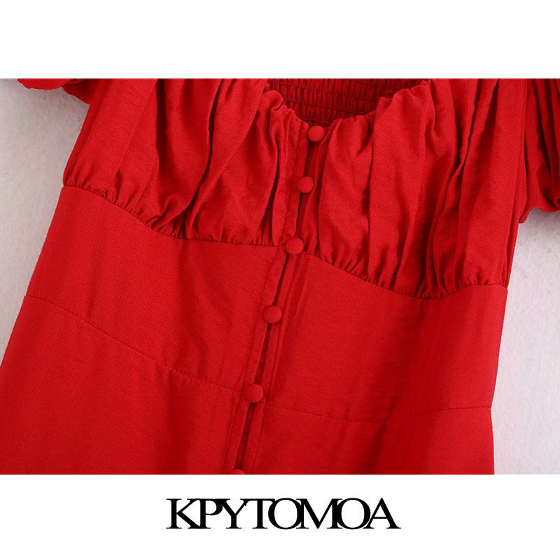 Women Chic Fashion With Buttons Midi Dress Puff Sleeves Back Smocked Detail Female Dresses Vestidos Mujer 210420