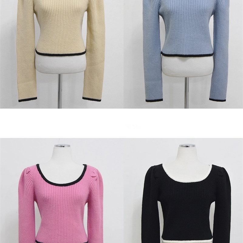 Korean Puff Sleeve Knitted Short Pullover Top Women Square Collar Long Vintage Sexy Sweater Fashion Ladies Elegant Jumper 210514