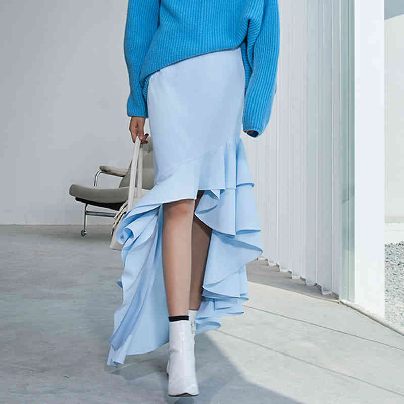 Irregular Patchwork Ruffle Skirt For Women High Waist Elegant Solid Skirts Female Fashion Clothing Autumn 210521