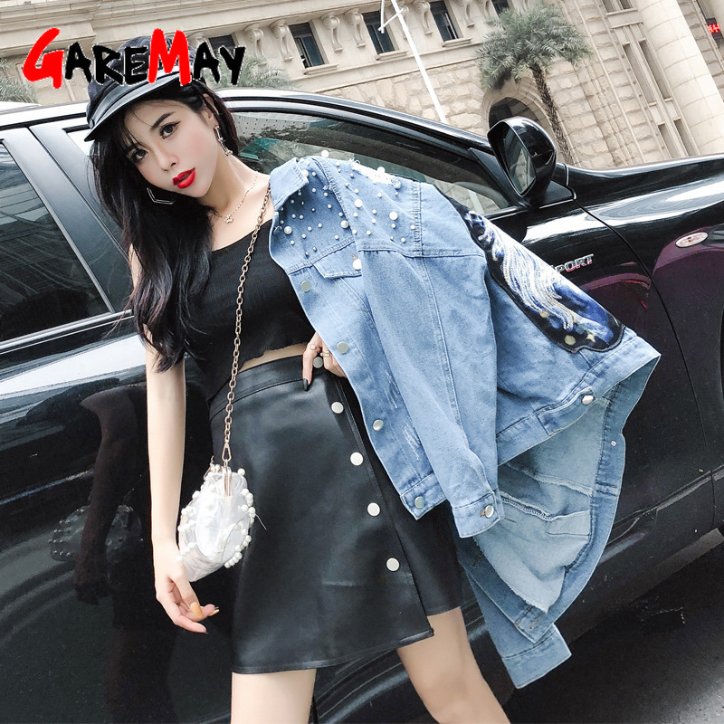 Pearl Beading Cartoon unicorn demin jacket chaquetas mujer autumn vintage Frayed Ripped Hole Jean Jacket veste femme coats 210428
