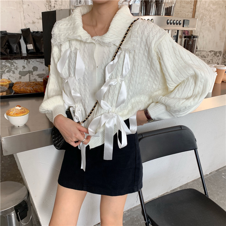 Korean style knitted Sweater Women Outwear autumn and Winter V Neck lace patchwork sweater cardigans womens coat (C9329) 210423