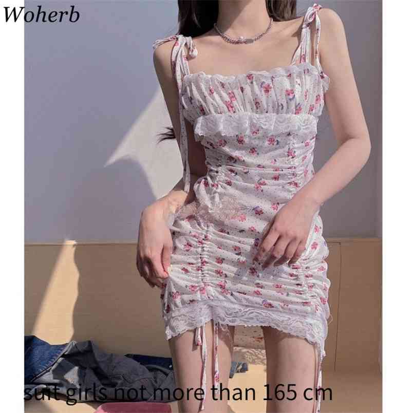 Lace Floral Sling Dress Women Summer Sexy Sweet Drawstring Mini Dresses High Waist Backless Bodycon Vestidos 210519