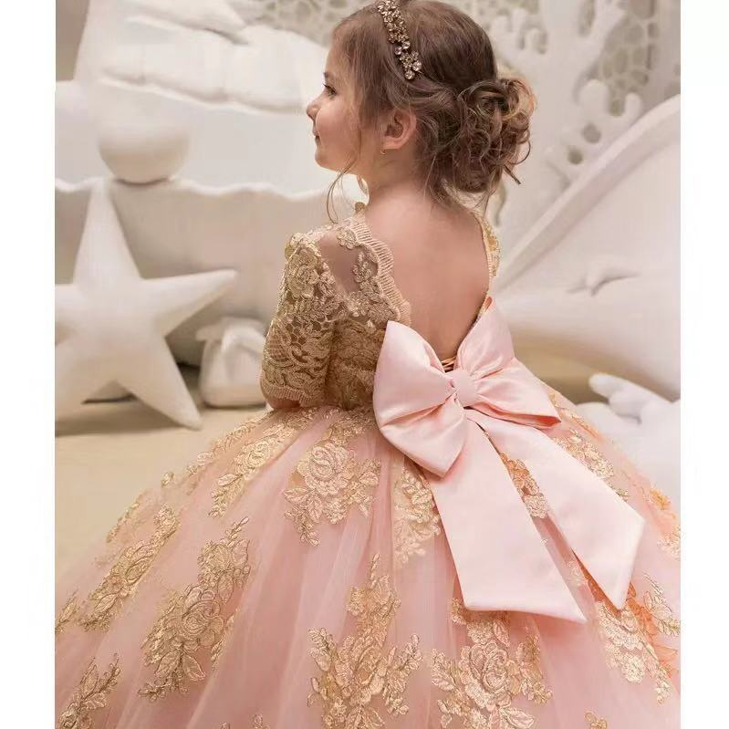 2021 Gold Glitz Ball Gown Princess Little Girls Pageant Dresses Fuchsia Little Baby Camo Flower Girl Dresses for Wedding with Big Bow