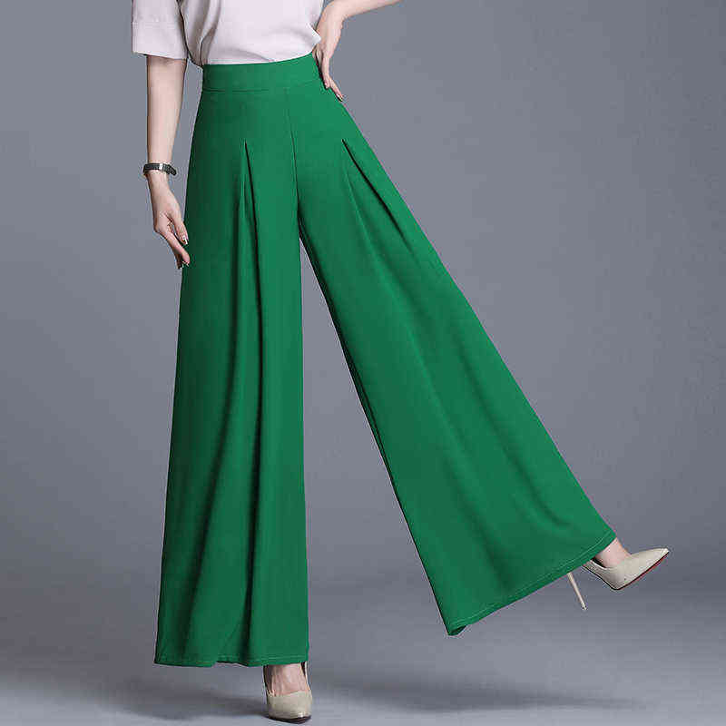 High Waist Chiffon Wide Leg Pants Women Summer Korean Pleated Solid Loose Black Long Trousers 211124