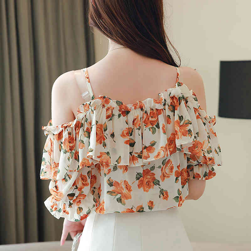 Floral Chiffon Shirt Summer off-the-Shoulder Ruffled Short-Sleeved Tops Women Camisas Mujer womens clothing 698C 210420